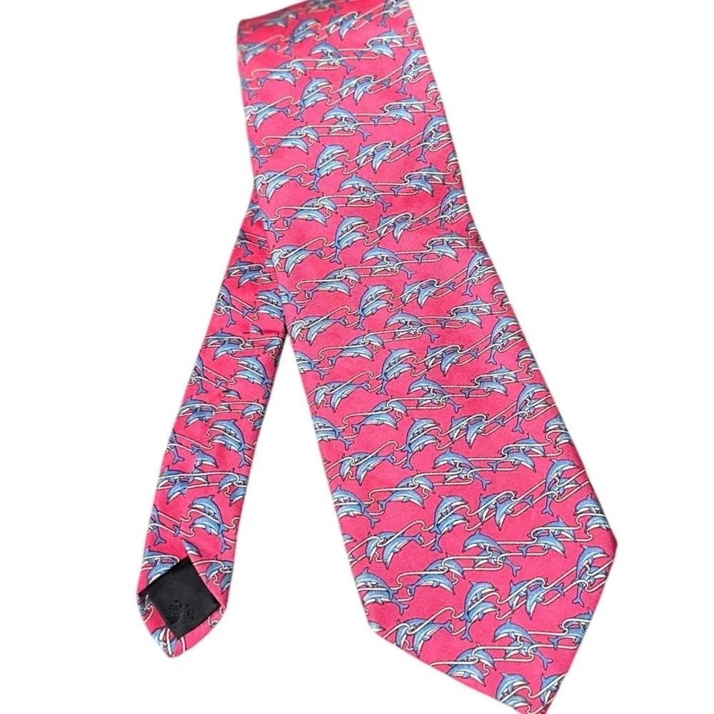 Brooks Brothers Necktie Men OS Pink‎ Dolphin Animal Print Silk USA Preepy Resort